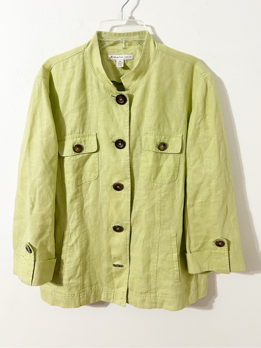 JM Collection Petite Linen Utility Jacket Light Green Lime Size 14P Button Front